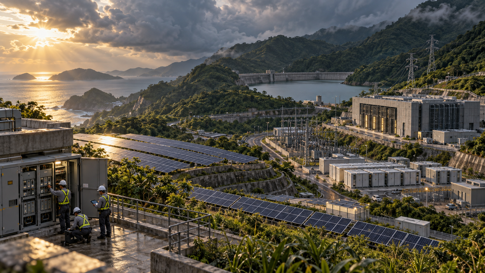 Solar panels, a reservoir, electrical substations, and data centers cover an island hillside above the sea as technicians inspect power equipment.