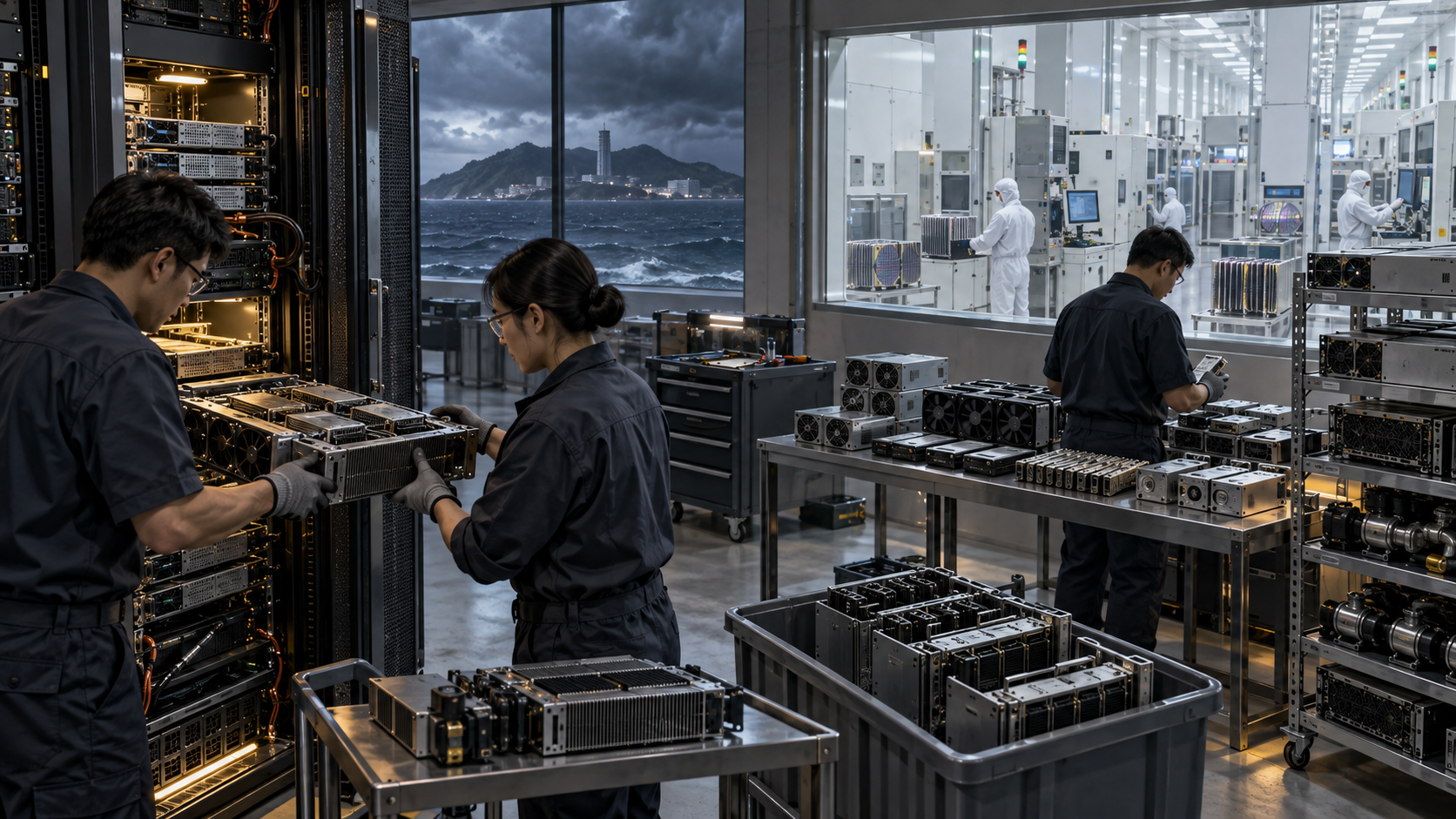 Technicians assemble computing equipment beside a glass-walled semiconductor cleanroom overlooking the island coast.