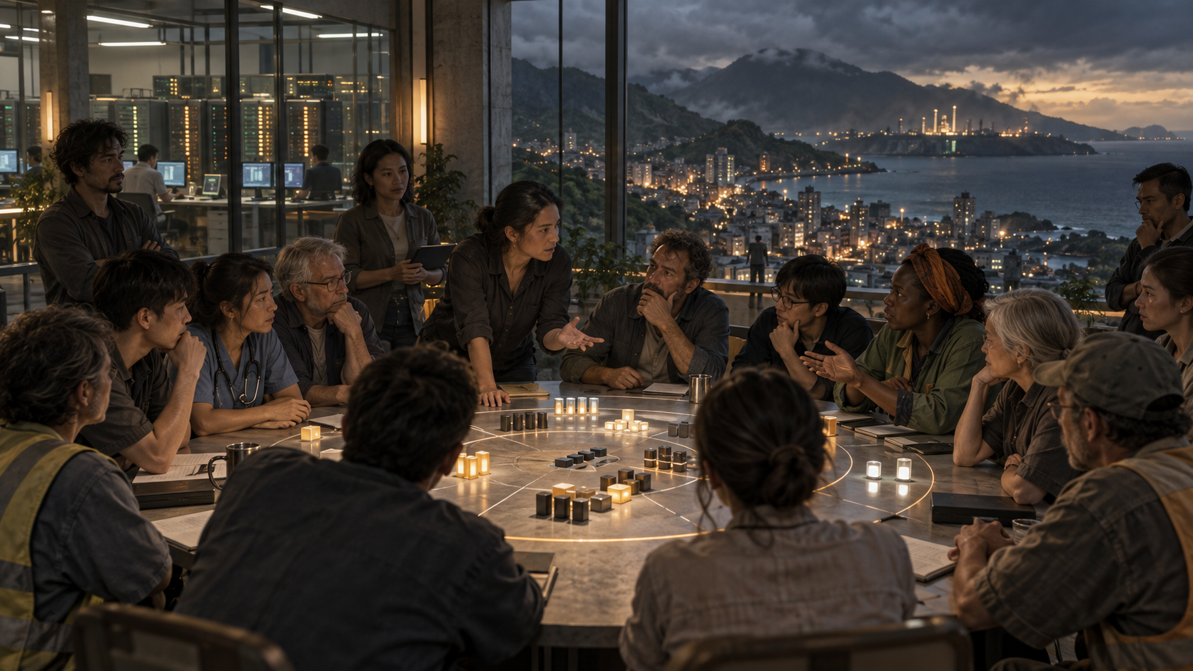 Island residents gather around a circular table to discuss computing resources, with server racks and an illuminated harbor behind them.