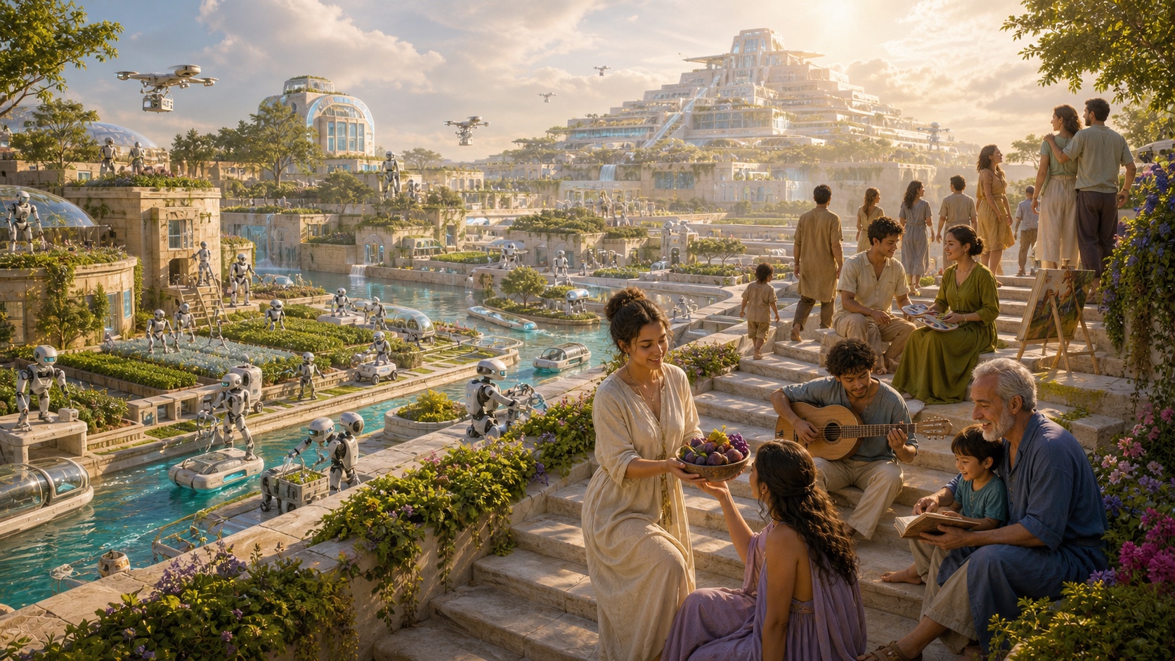 People share food, music, art, and time in a luminous garden city while robots tend crops, waterways, construction, and transport.