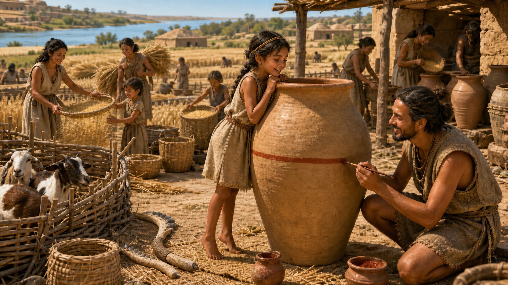 Nami stands on tiptoe beside a tall storage jar while a potter paints a red measuring line and the village gathers grain behind them.