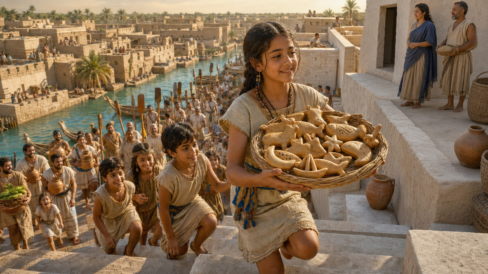 Amat carries a basket of animal, moon, star, and boat-shaped bread offerings up the temple stairs while children and a city procession follow beside the canal.