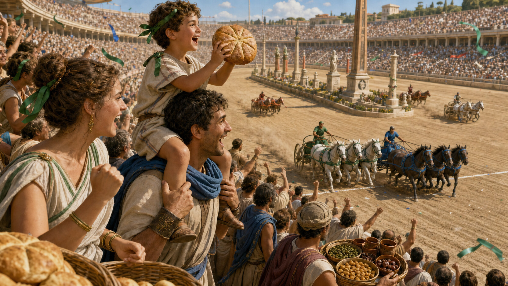 Junia cheers while Marcus carries Lucius and the boy raises a round loaf above two chariot teams racing neck and neck through the packed Circus Maximus.