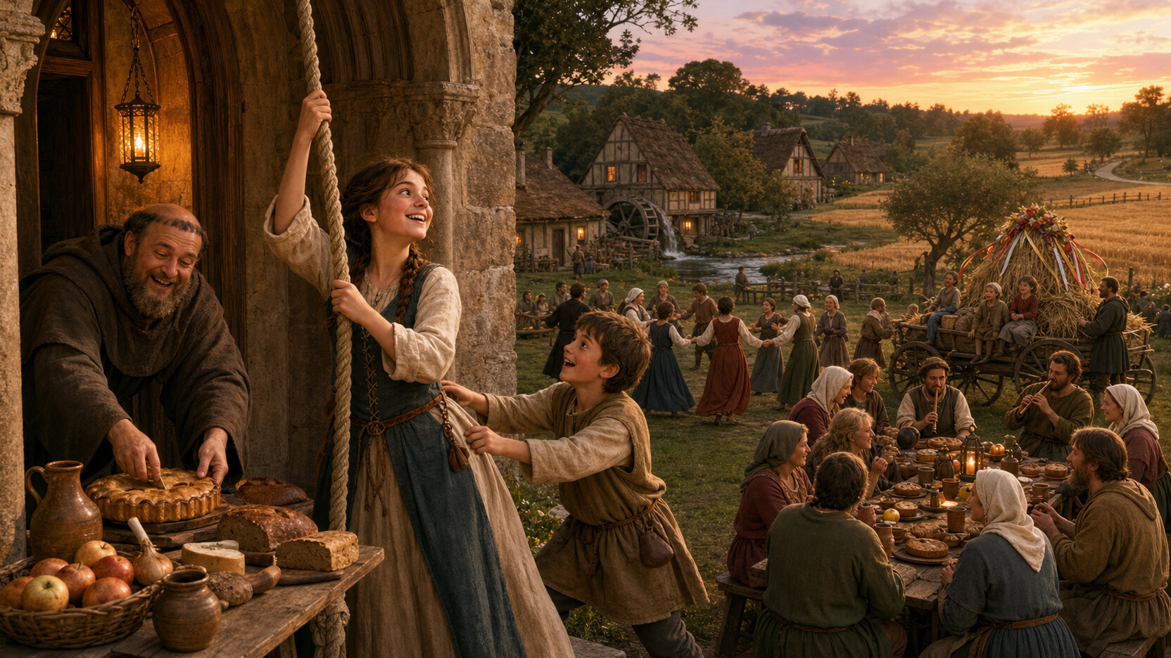 Aveline rings the church bell for a medieval harvest dance while her brother reaches for her, Brother Tomas finds a pie, and villagers feast beside the mill and harvested field.