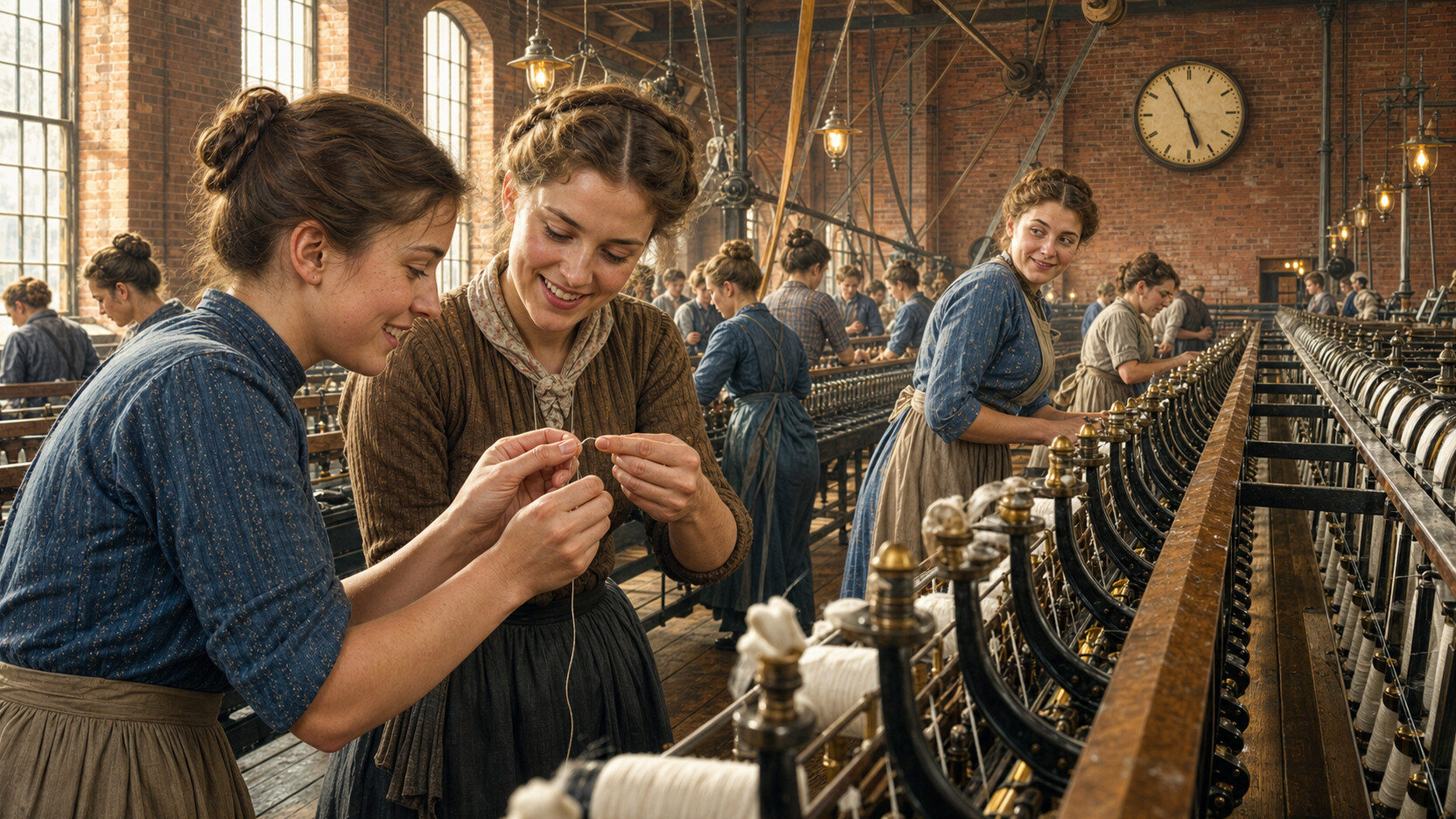Nell shows Rose how to rejoin a broken cotton thread beside a long spinning frame while Ada tends the neighboring machinery beneath the factory clock.