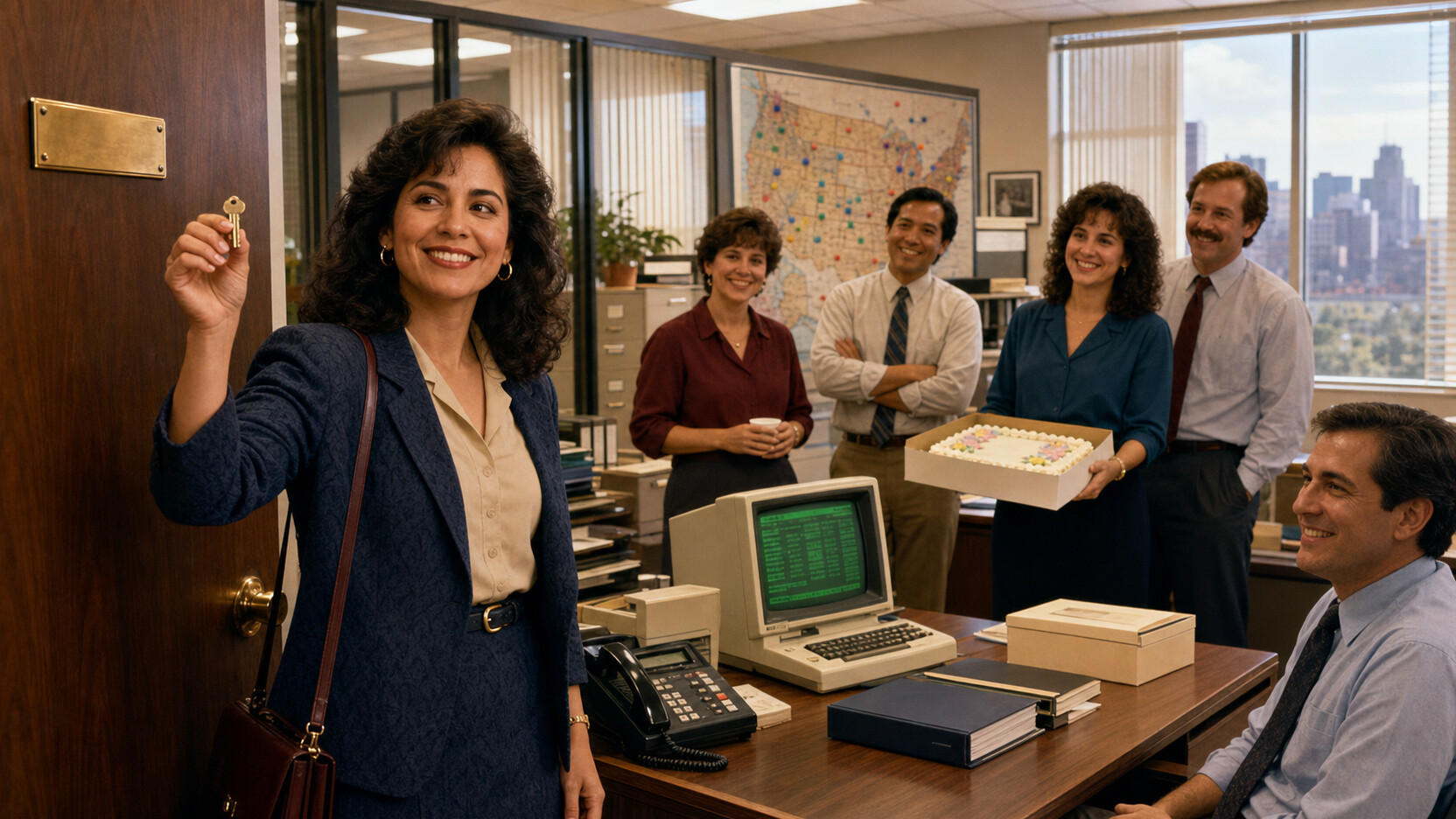 Teresa holds up the brass key to her new office while her planning team celebrates with a cake beside a green-screen computer and a wall map covered in colored magnets.