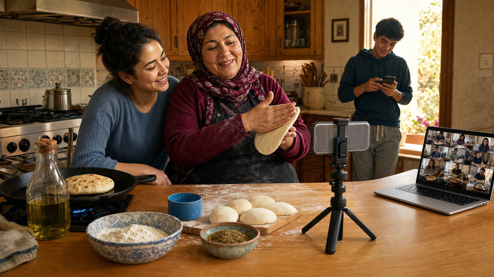 Nadia smiles as Salma shapes flatbread for a phone livestream while reply videos from other kitchens fill a laptop and fresh bread puffs in a pan.