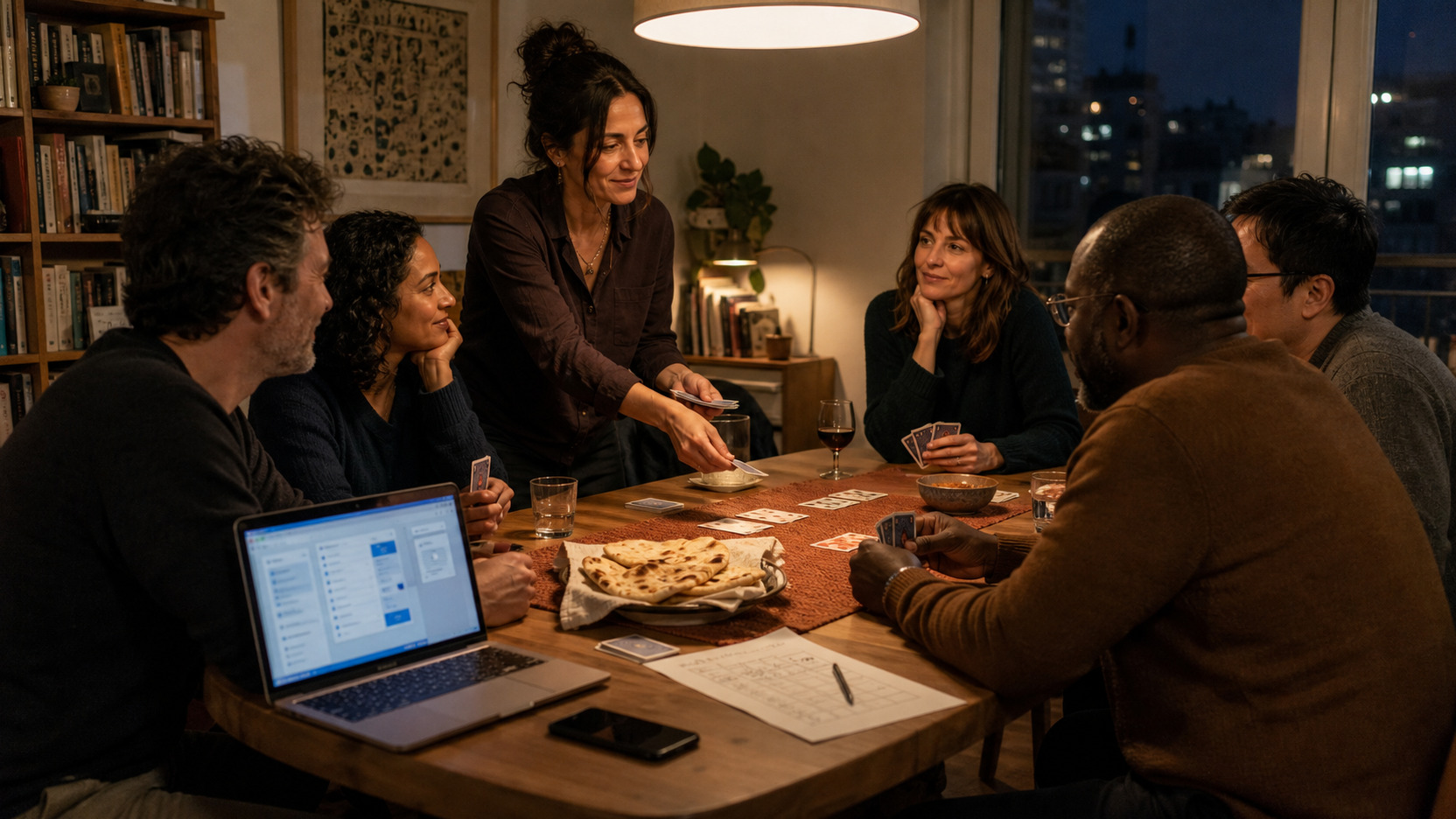 Six longtime friends share flatbread and a card game around an apartment table while an open laptop holds an AI-assisted job search at the edge of their evening.