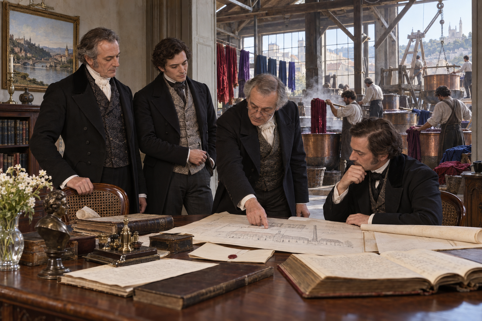 A wealthy family and an adviser study plans and sealed company papers at a desk overlooking an operating silk dye works.
