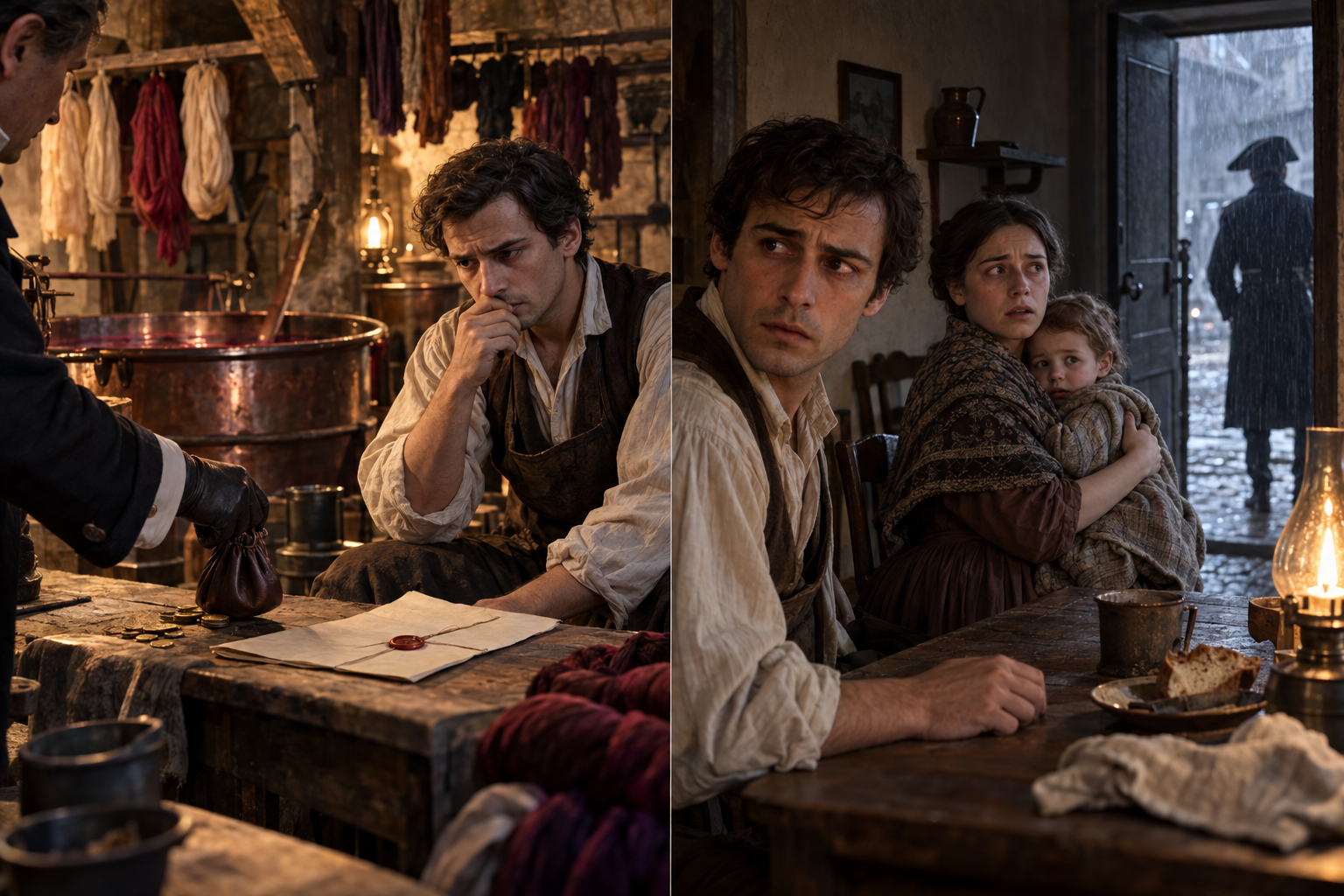 A silk dyer waits over company papers beside his vats, then sits with his wife and child as a bailiff approaches their door.