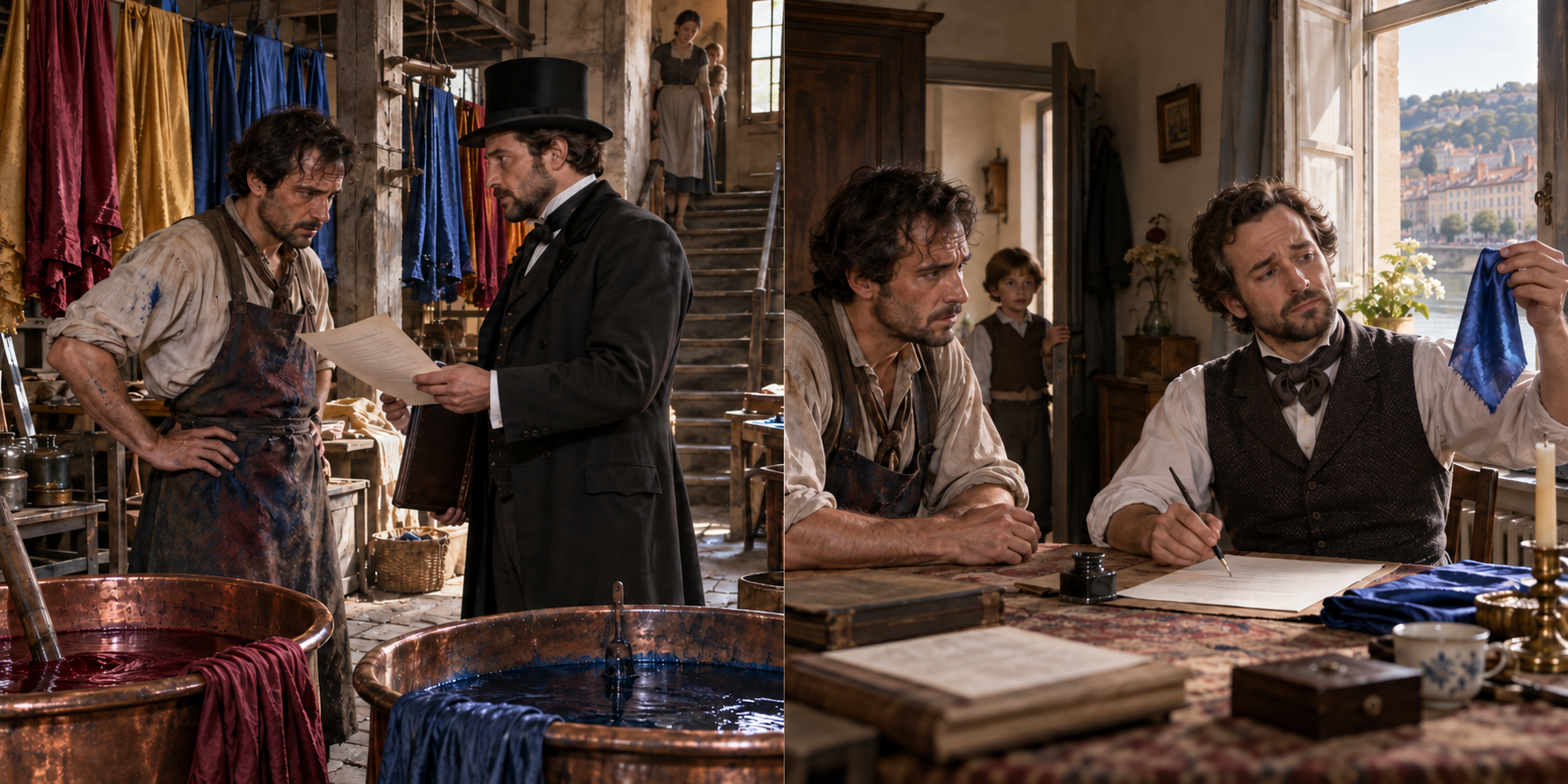A merchant presents papers beside a silk dyer's vats; later, the dyer's brother examines blue silk before signing the company papers.