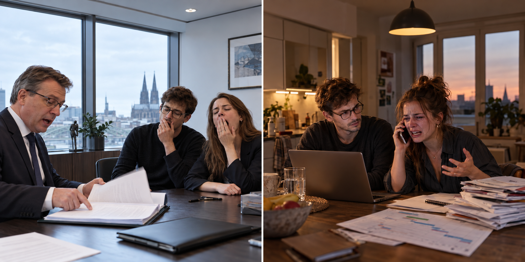 A lawyer reviews company papers with a young couple; later, the distressed couple face bills beside their laptop at home.