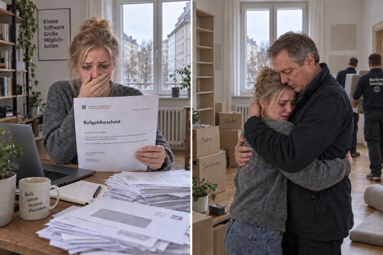 A woman reads a fine notice at her desk, then embraces her father as movers clear her apartment.