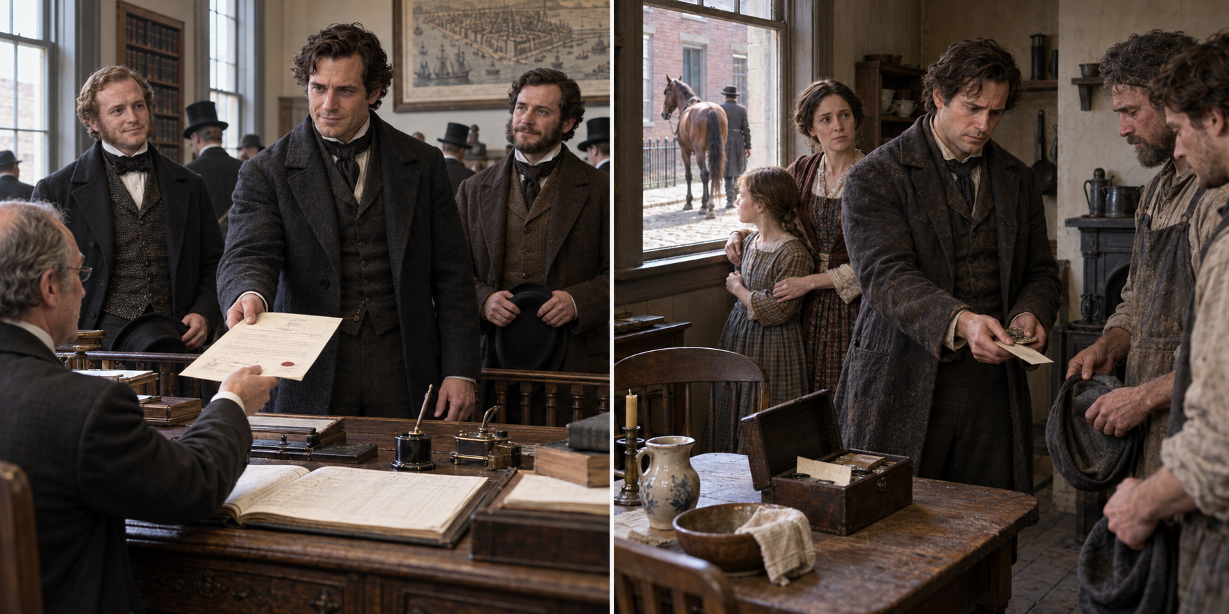 Three pigment founders file company papers, then one pays a worker while his daughter watches the family's mare being led away.