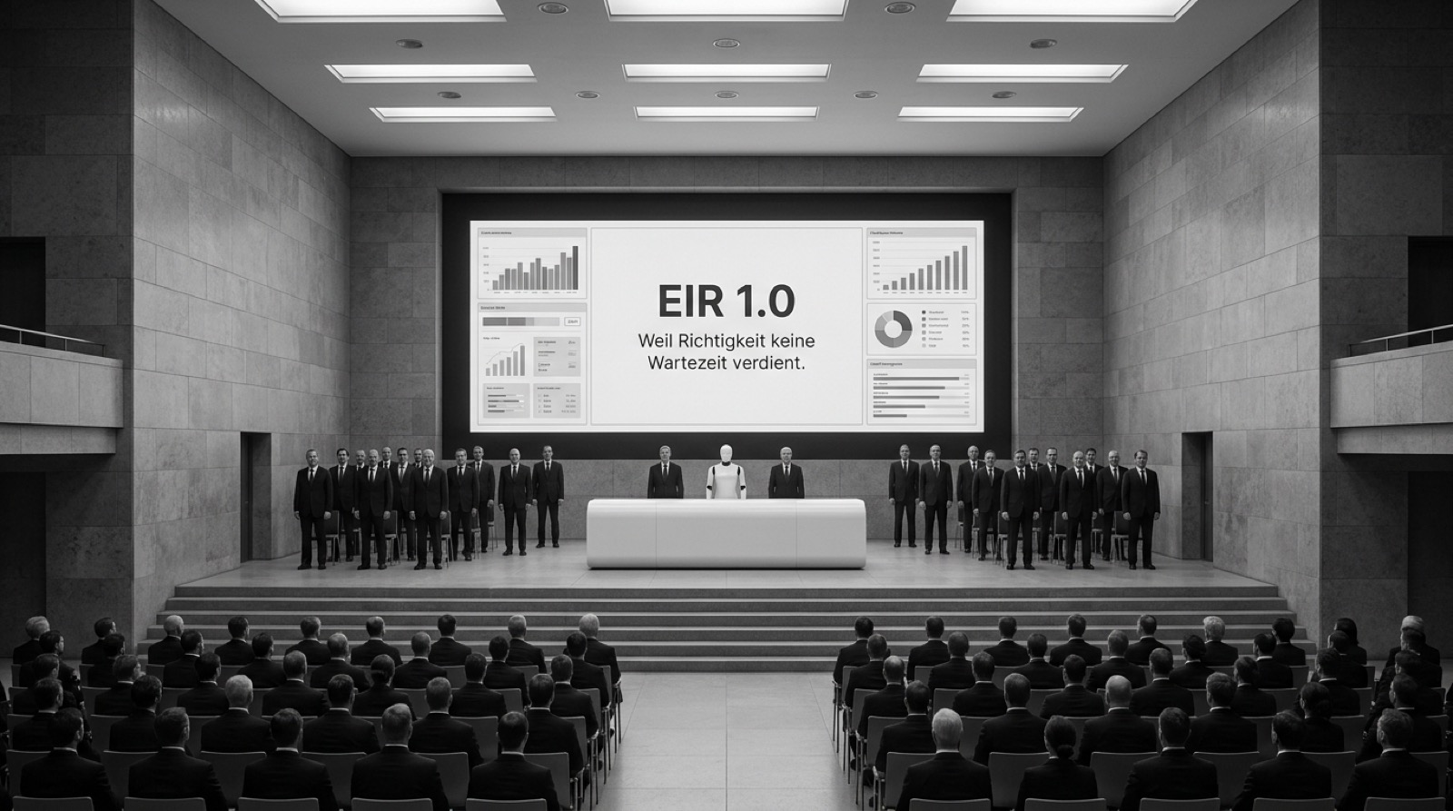 Im Saal der Angemessenheit präsentiert eine strenge Bühne mit schwarzem Publikum, weißen Konsolelementen und großem EIR-Display die neue Verwaltungsintelligenz.