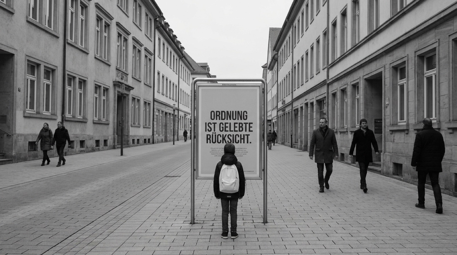 In einer stillen Straße von Orben steht ein Kind mit weißem Ranzen vor einem Plakat mit dem Satz Ordnung ist gelebte Rücksicht, während Erwachsene in dunklen Mänteln vorbeigehen.