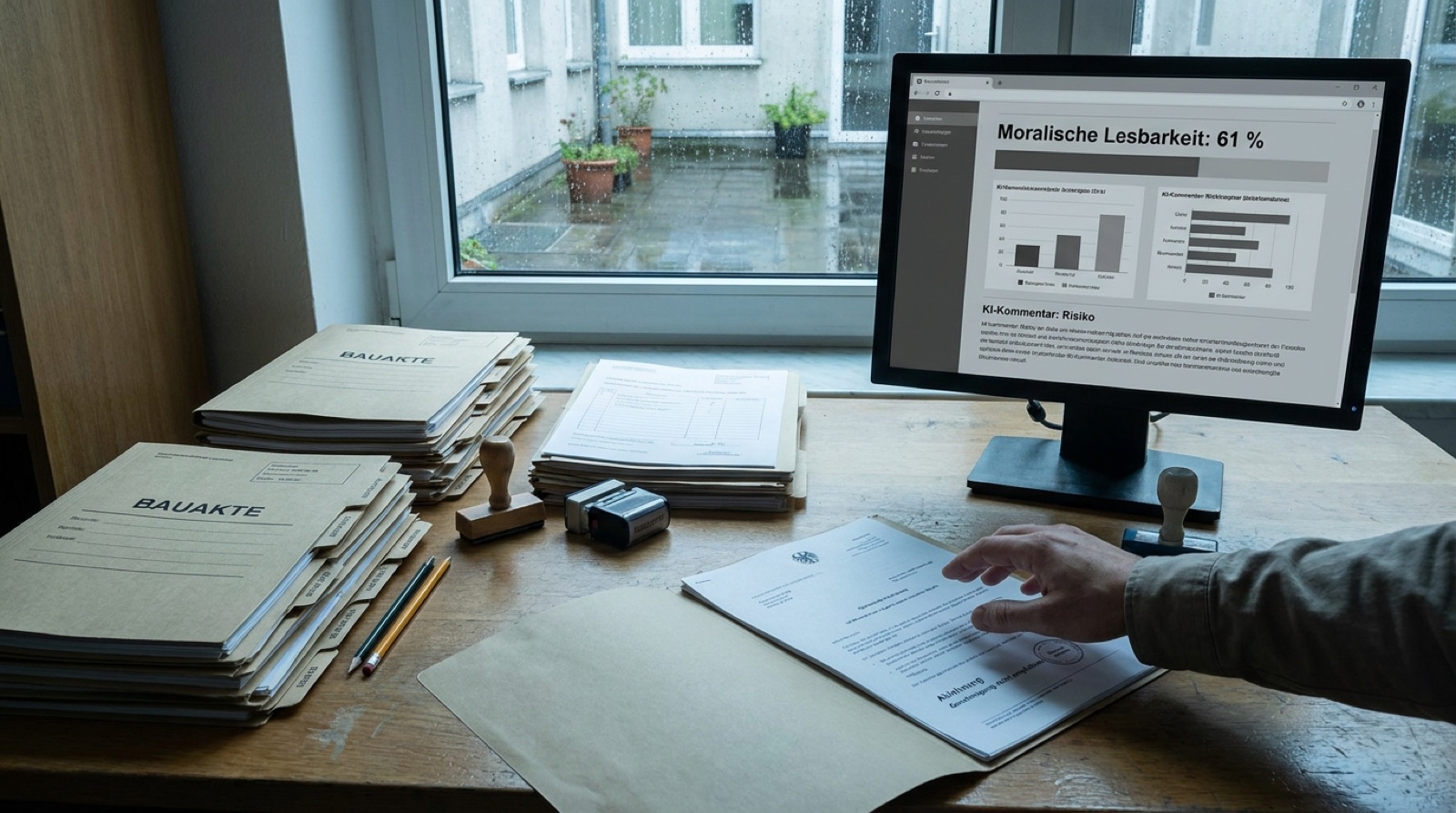 Auf einem Verwaltungsschreibtisch liegen Bauakten, Stempel und Formulare, während ein Monitor die Überschrift Moralische Lesbarkeit: 61 % zeigt und eine Hand über einem Bescheid mit Ablehnungsstempel zögert.
