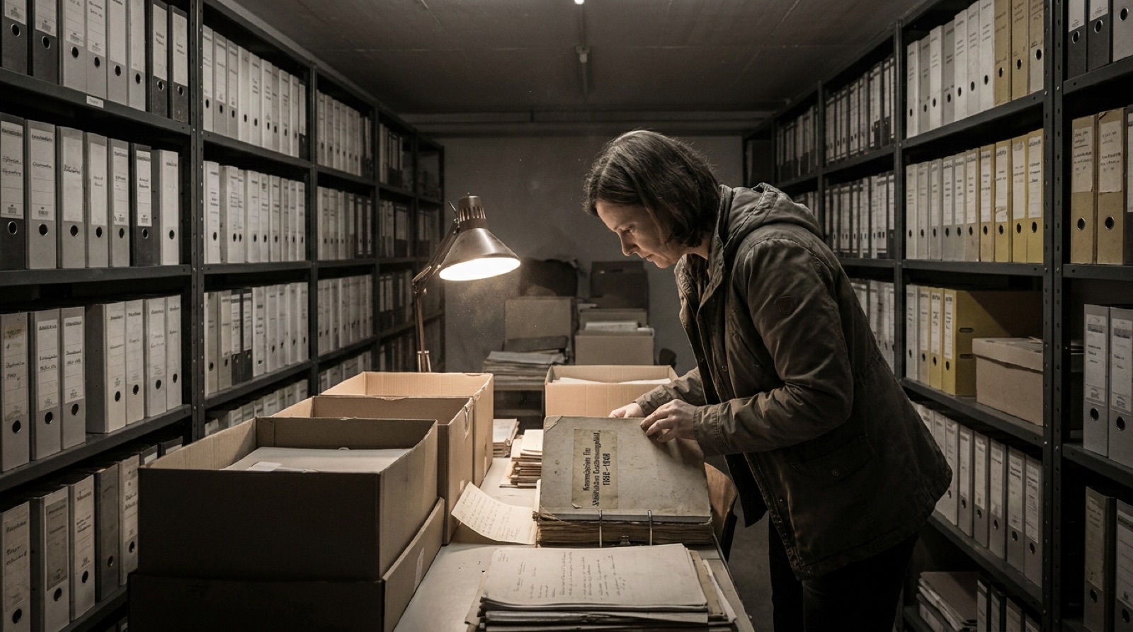 In einem engen Archivkeller durchsucht Mara unter einer einzelnen Lampe Kartons und Akten, während auf dem geöffneten Ordner der Titel Kommission für Städtisches Erscheinungsbild 1962-1968 zu lesen ist.