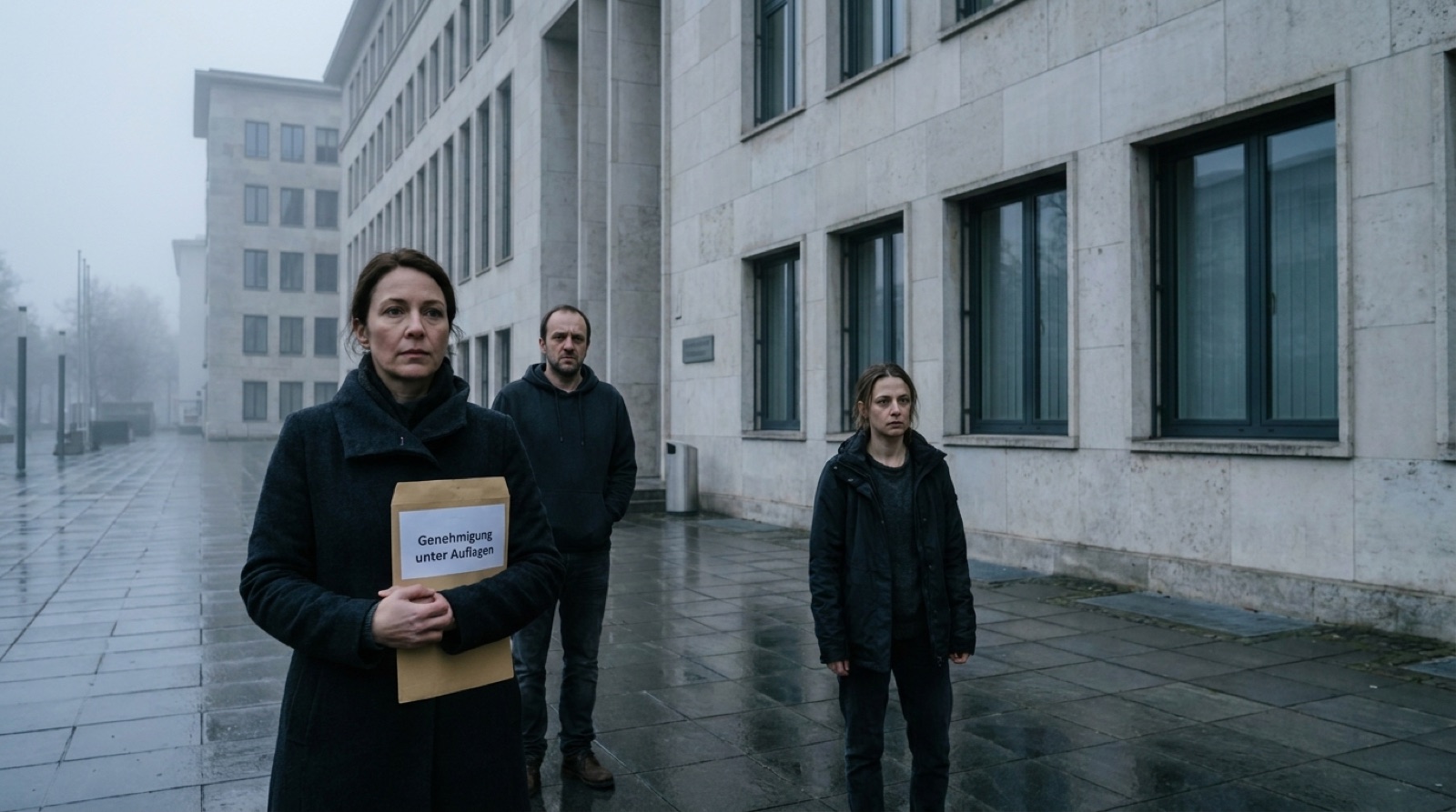 Vor dem Amt steht Mara mit einem Umschlag, auf dem Genehmigung unter Auflagen steht, während Tom und Nora im nassen Morgenlicht wenige Schritte hinter ihr warten.
