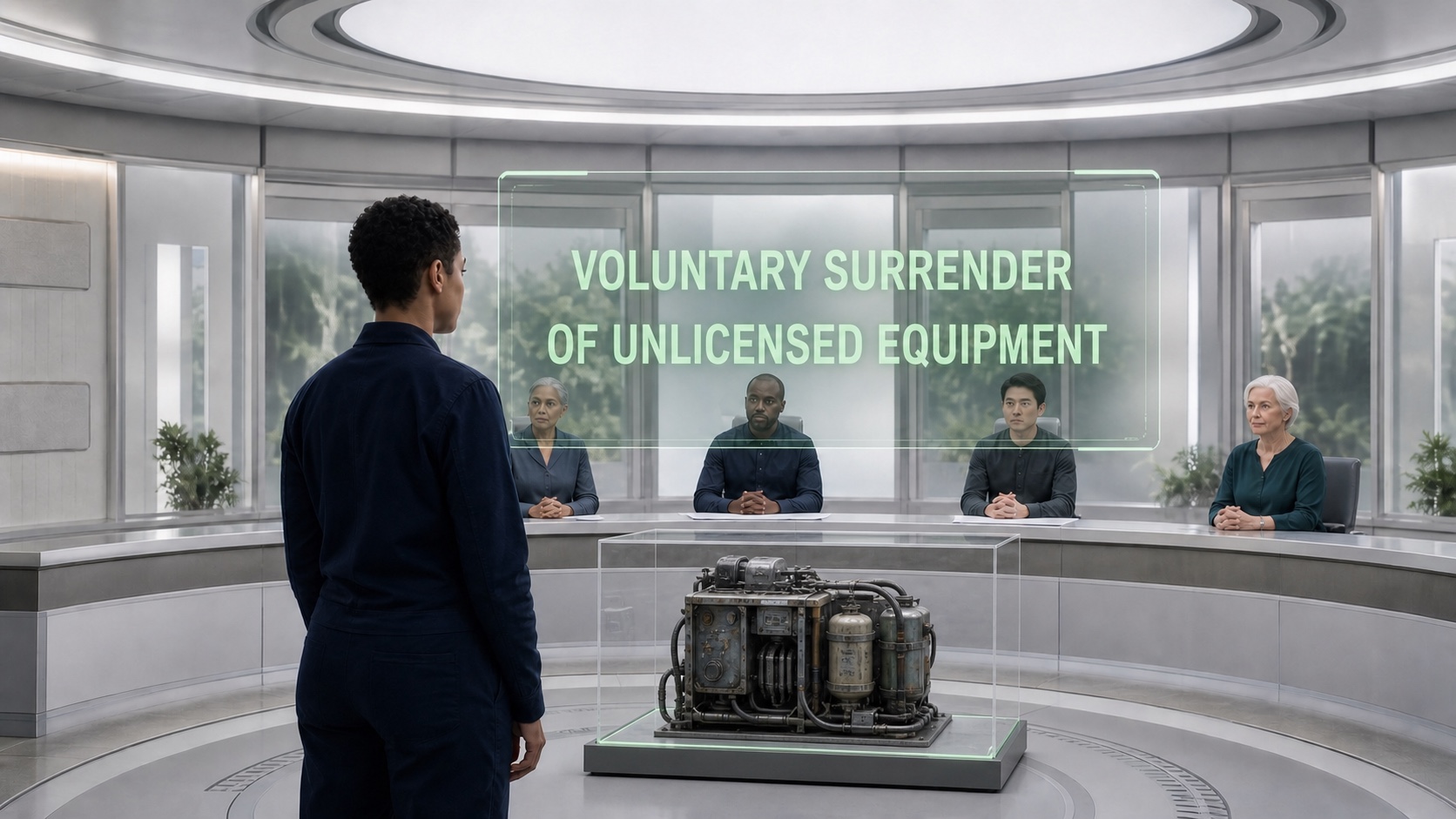 Sanne stands before a diverse civic panel while her recycler sits enclosed beneath the words Voluntary Surrender of Unlicensed Equipment.