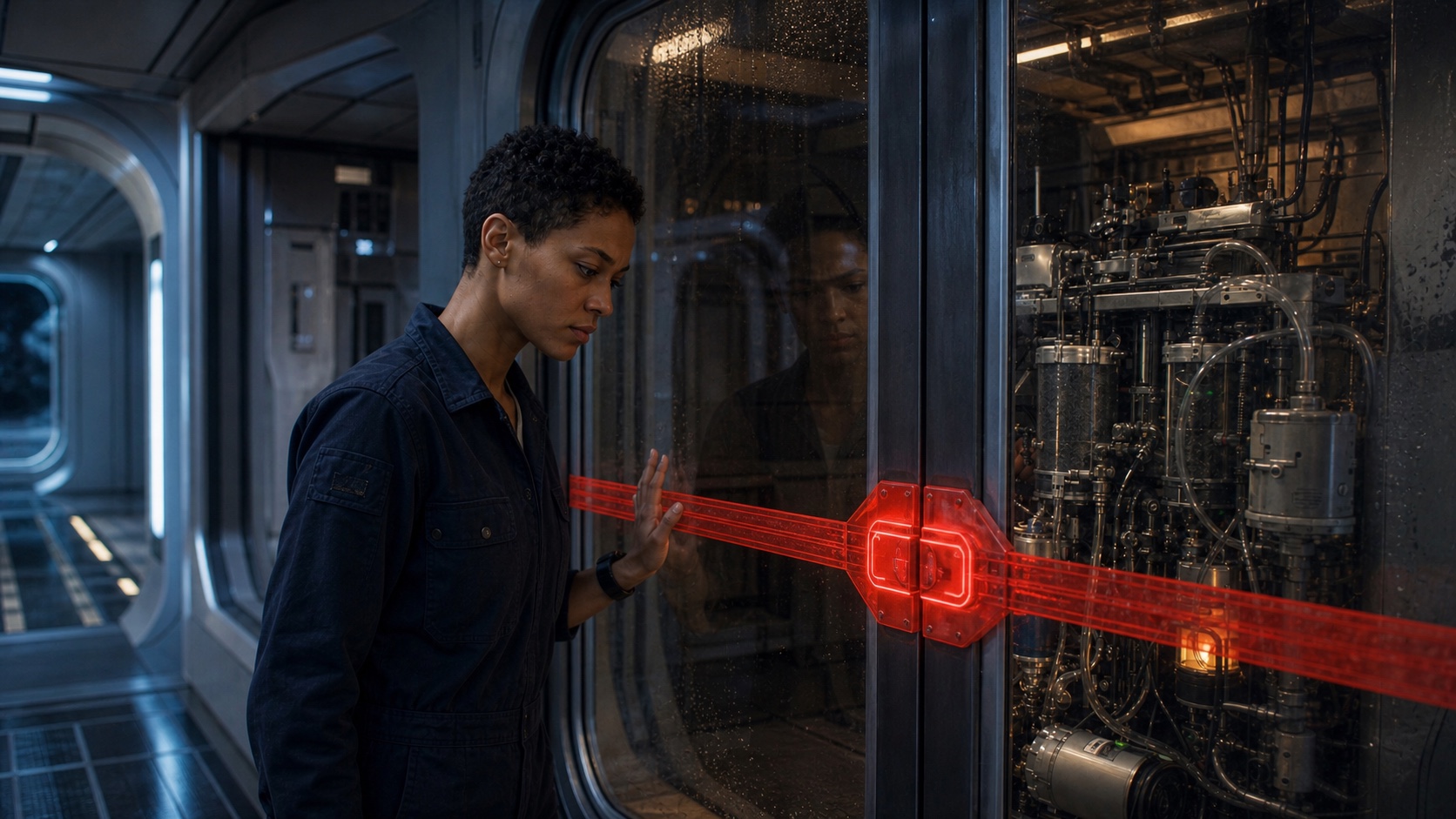 Sanne de Vries faces a glowing red maintenance seal that separates her from the independent recycler inside her workshop.