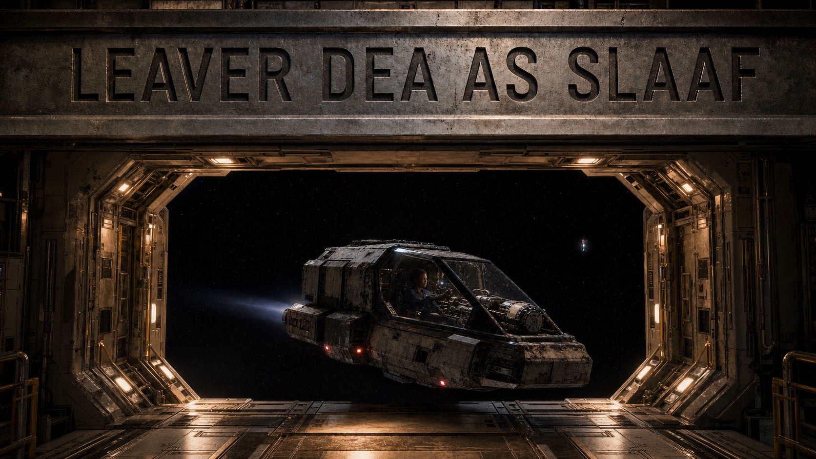 Sanne's patched survey craft passes beneath the iron motto Leaver dea as slaaf as it leaves Reaklif's warm airlock for open space.