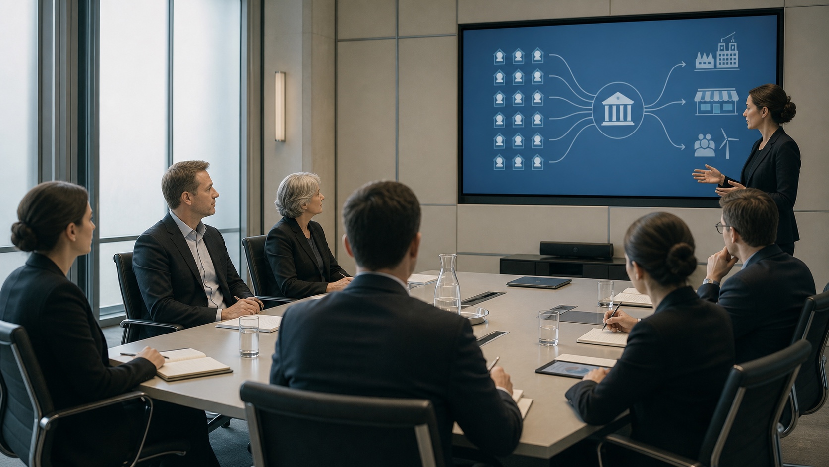 Halden und sechs Kollegen sehen zu, wie ihre Referatsleiterin in einem hellen staatlichen Konferenzraum einen öffentlichen Investitionsauftrag erklärt.