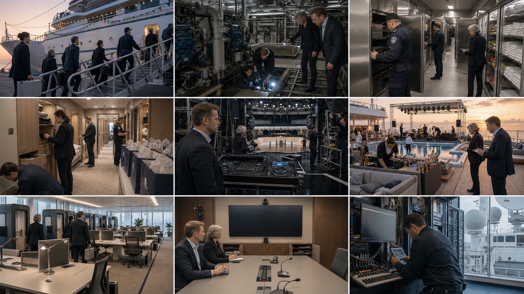 Neun Fotografien zeigen Halden und ein Inspektionsteam bei der Durchsuchung eines Partyschiffs — vom Maschinenraum und den Lagern bis zur Bühne, zur Coworking-Etage, zum Konferenzraum und zu den Satellitensystemen.