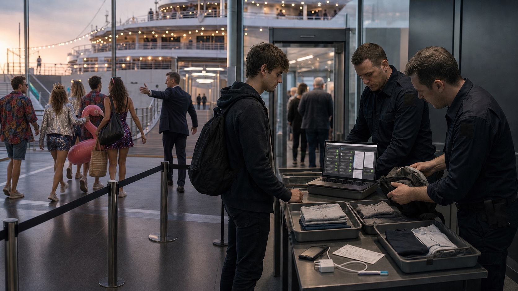 Ein Beamter winkt kostümierte Passagiere mit Flaschen und einem aufblasbaren Flamingo zum Partyschiff weiter, während zwei Beamte Lukas’ kleine Tasche auspacken und die funktionierende Software auf seinem Laptop prüfen.