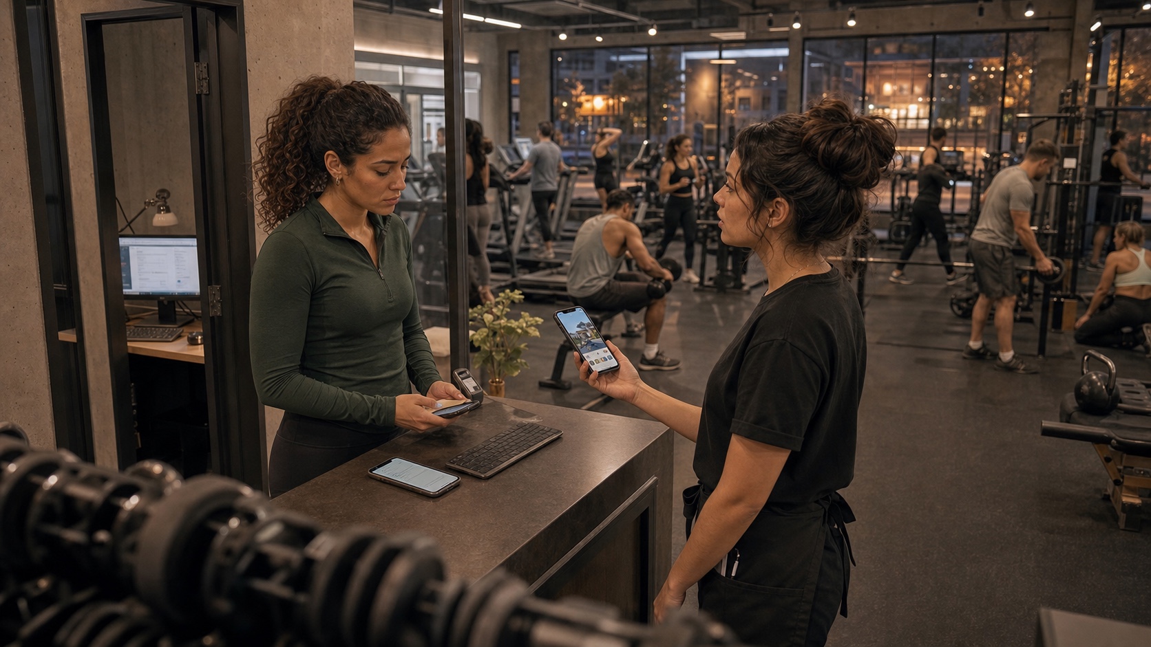 Mara prüft an der Rezeption ihres vollen Fitnessstudios ihr Telefon, während ihre Freundin, noch in der Kleidung ihrer Restaurantschicht, ihr die Buchung eines Hauses am Meer zeigt.