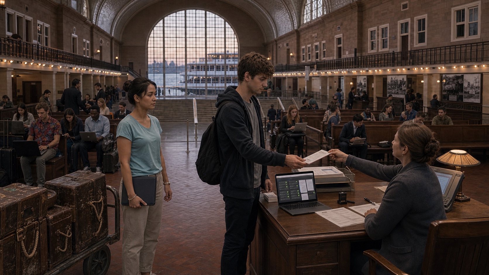 Lukas erhält an einem alten hölzernen Inspektionstisch ein Dokument über seinen vorläufigen Aufenthalt, während Sena und Gründer mit Laptops in einer riesigen Registrierungshalle auf einer Insel zwischen Holzbänken und Auswanderertruhen warten.