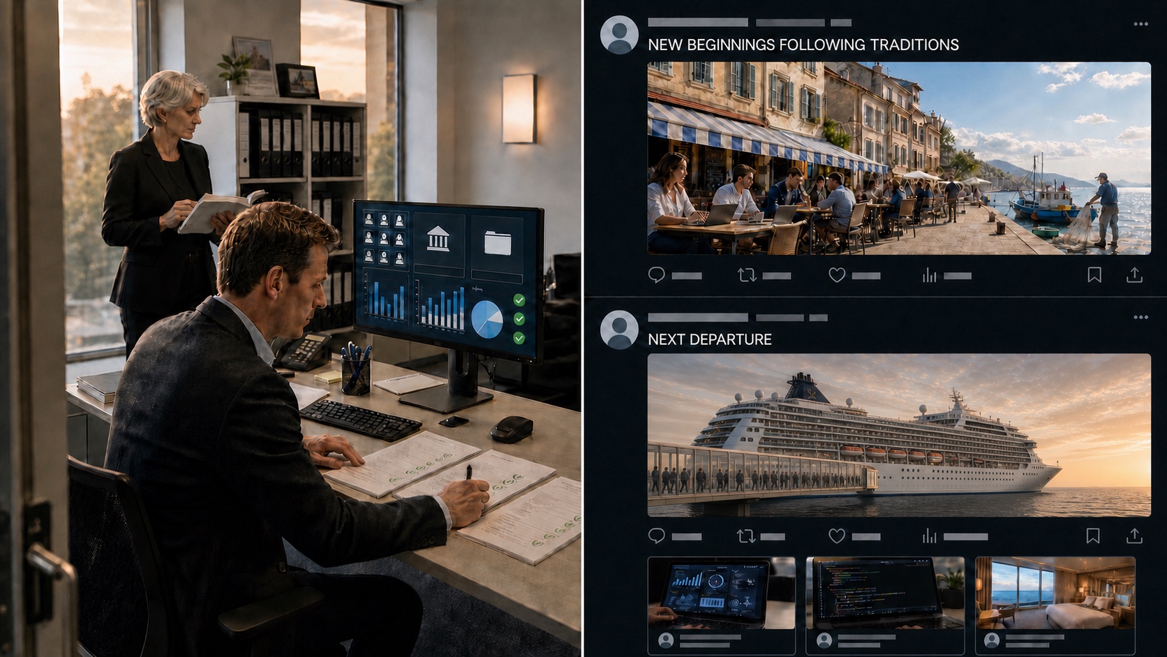 Eine geteilte Ansicht zeigt Halden beim Abschluss von Akten in seinem Büro, während ein vergrößerter Feed des sozialen Netzwerks die offizielle Gründerkampagne für Küstenorte über die nächste Abfahrt des Partyschiffs setzt.