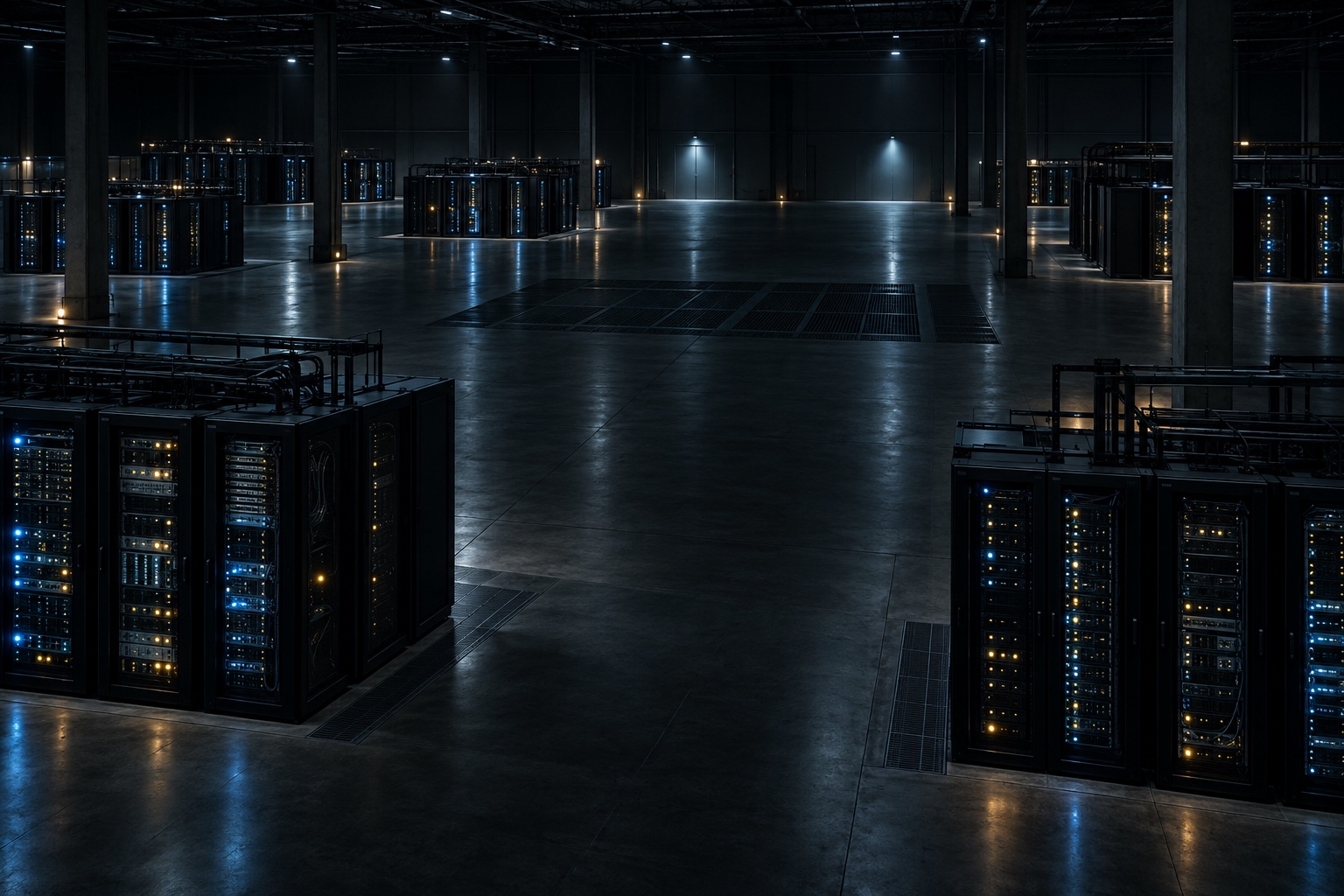 Disconnected datacenter racks and storage systems glow across a dark global operations floor, with no single cluster large enough to run the model.