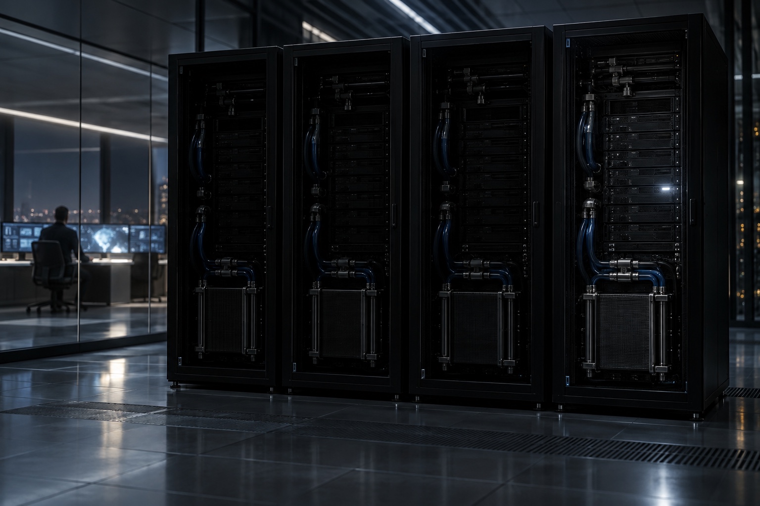 A row of liquid-cooled accelerator servers goes dark one machine at a time while a lone operator watches from behind glass.
