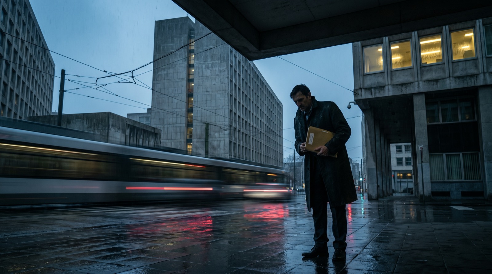A solitary analyst stands under a brutalist Brussels awning in the rain while a tram blurs past on wet tracks, holding a sealed case file against his chest.