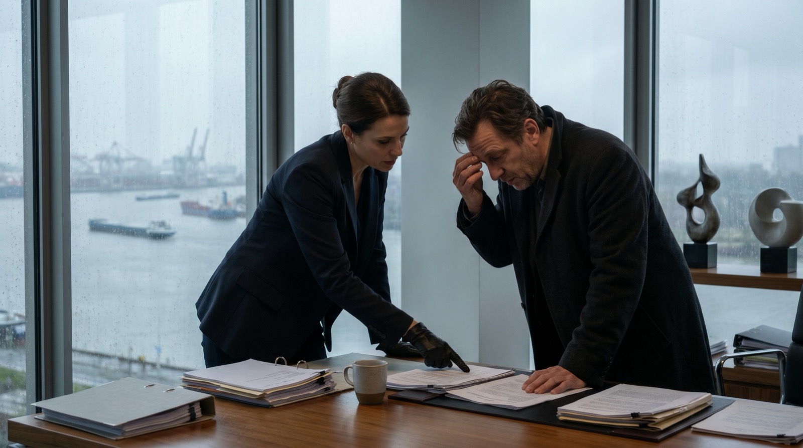 Eva and Jonas in a cold Antwerp logistics office, bent over shipping paperwork beside a rain-streaked window overlooking the industrial river and container cranes.