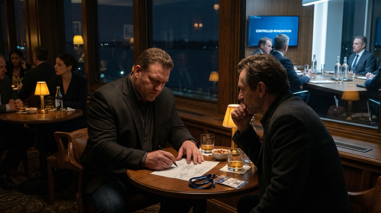 Jonas meets Milo in a dark Windsor hotel bar while a fixer sketches the smuggling chain on paper, reflected beside a glass-walled remediation meeting in the next room.