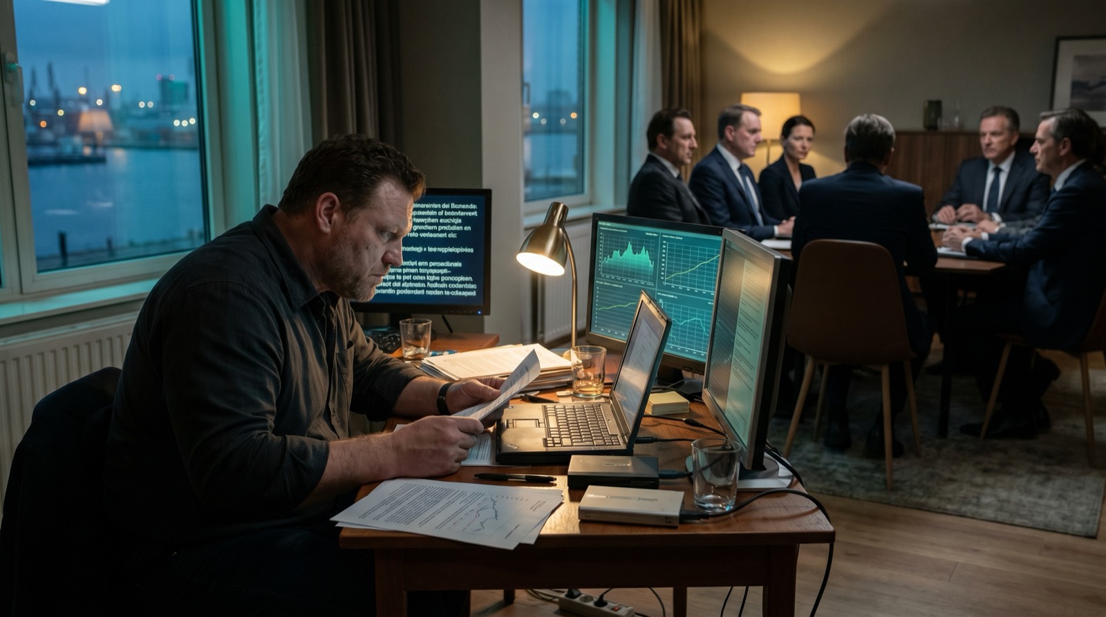 Jonas works late at a desk crowded with screens, papers, and glasses while a group of suited operators meet in a softly lit room behind him overlooking the harbor.