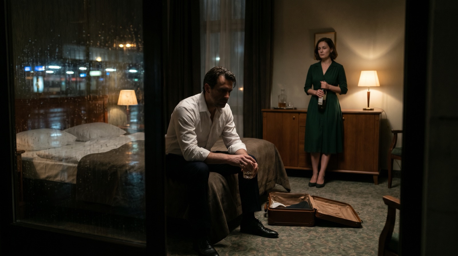 Jonas sits on the edge of a hotel bed with a whiskey glass while Eva stands across the room in a green dress holding a bottle, framed by rain-streaked windows and warm lamplight.