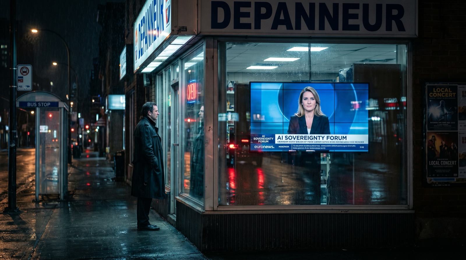 Jonas stands in the rain outside a Montreal depanneur, watching Claire on a television news panel through the shop window while neon and taillights reflect across the wet street.