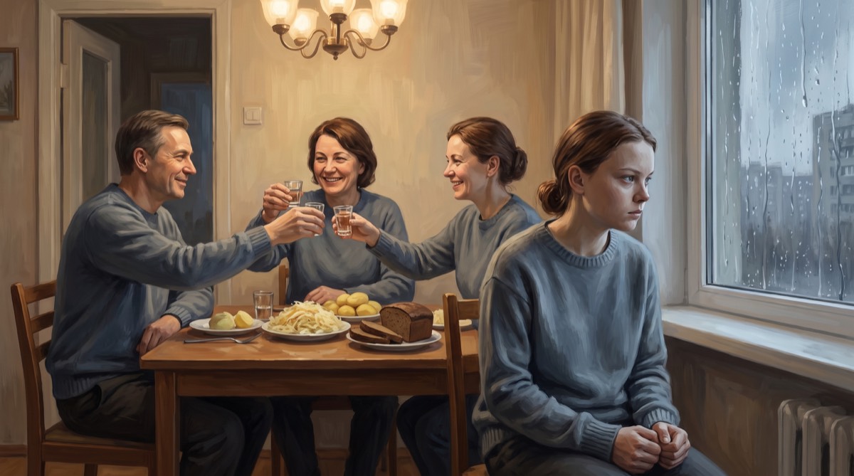 Elena sits apart from her smiling family during a toast, staring at rain on the apartment window.