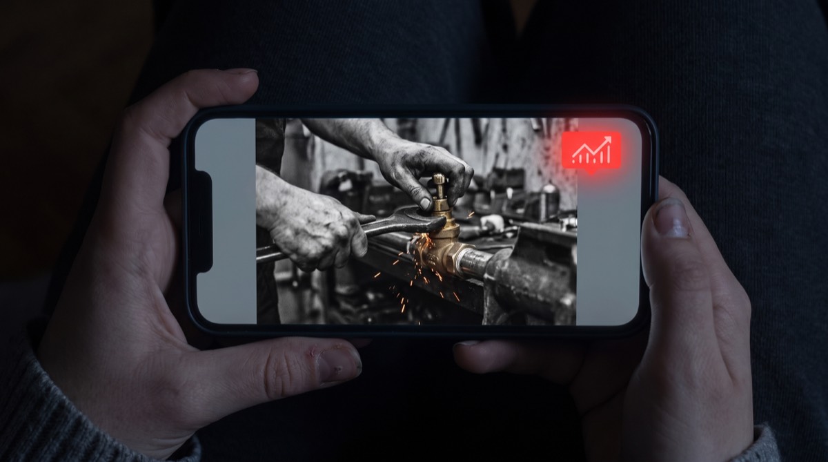 A phone held in a dark bedroom shows a grainy workshop video of hands tightening a brass valve as sparks fly.