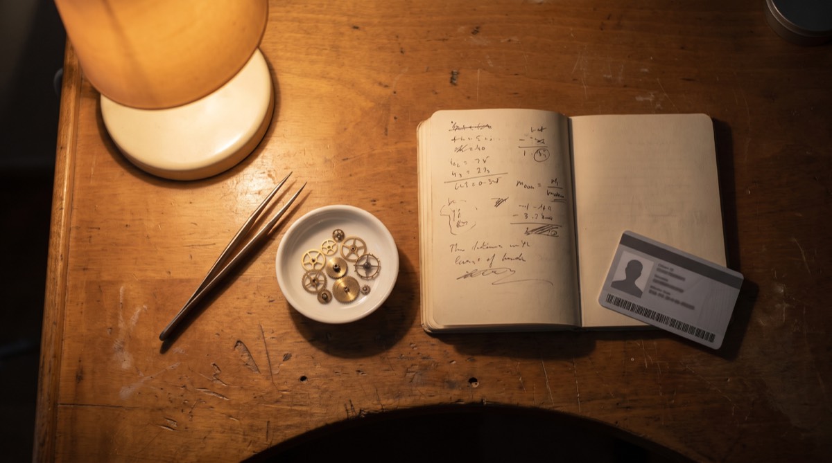 Watchmaking tools, tiny brass gears, handwritten calculations, and a gray citizen ID card rest on a warmly lit wooden table.