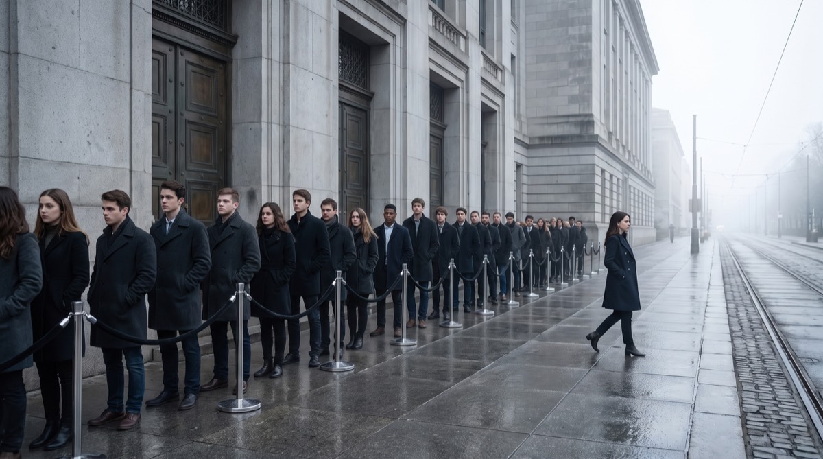 A young woman walks away from an orderly queue outside a monumental government hall toward tram tracks disappearing into the mist.