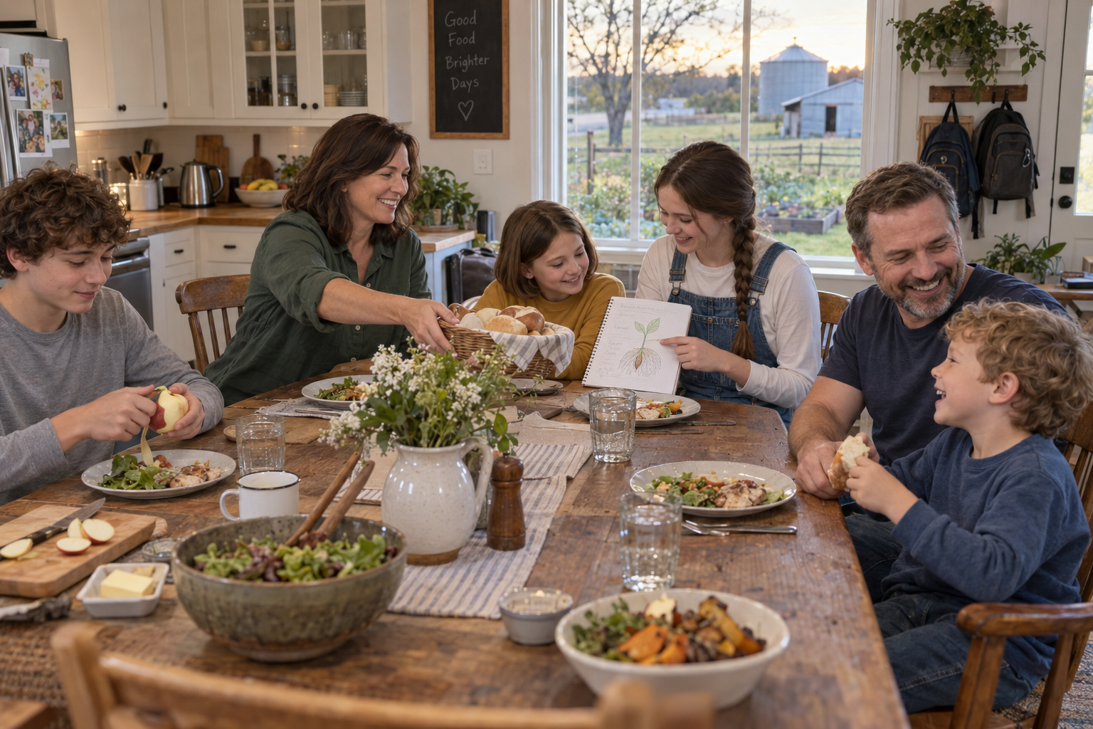 Two parents and four children sit around a kitchen table; the mother passes bread and the oldest daughter shows a seed drawing to her younger sister.