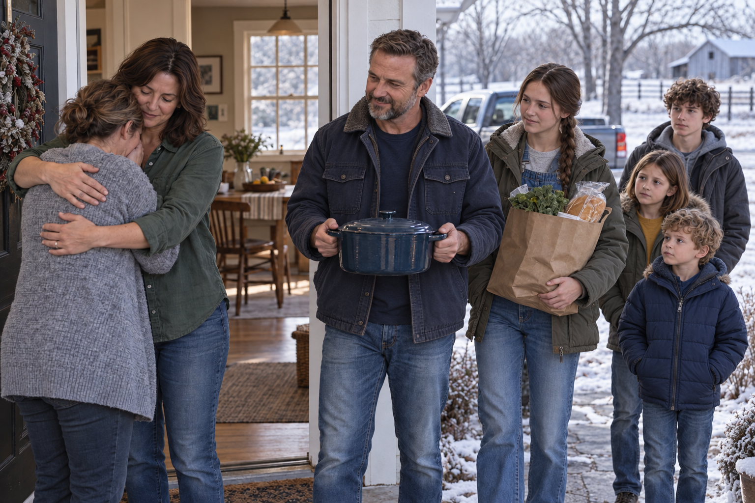 Sarah embraces Beth at her doorway while Dan holds a cooking pot and Emma carries groceries; Luke, Abby, and Ben stand nearby in winter coats, with bare branches and patches of snow outside.