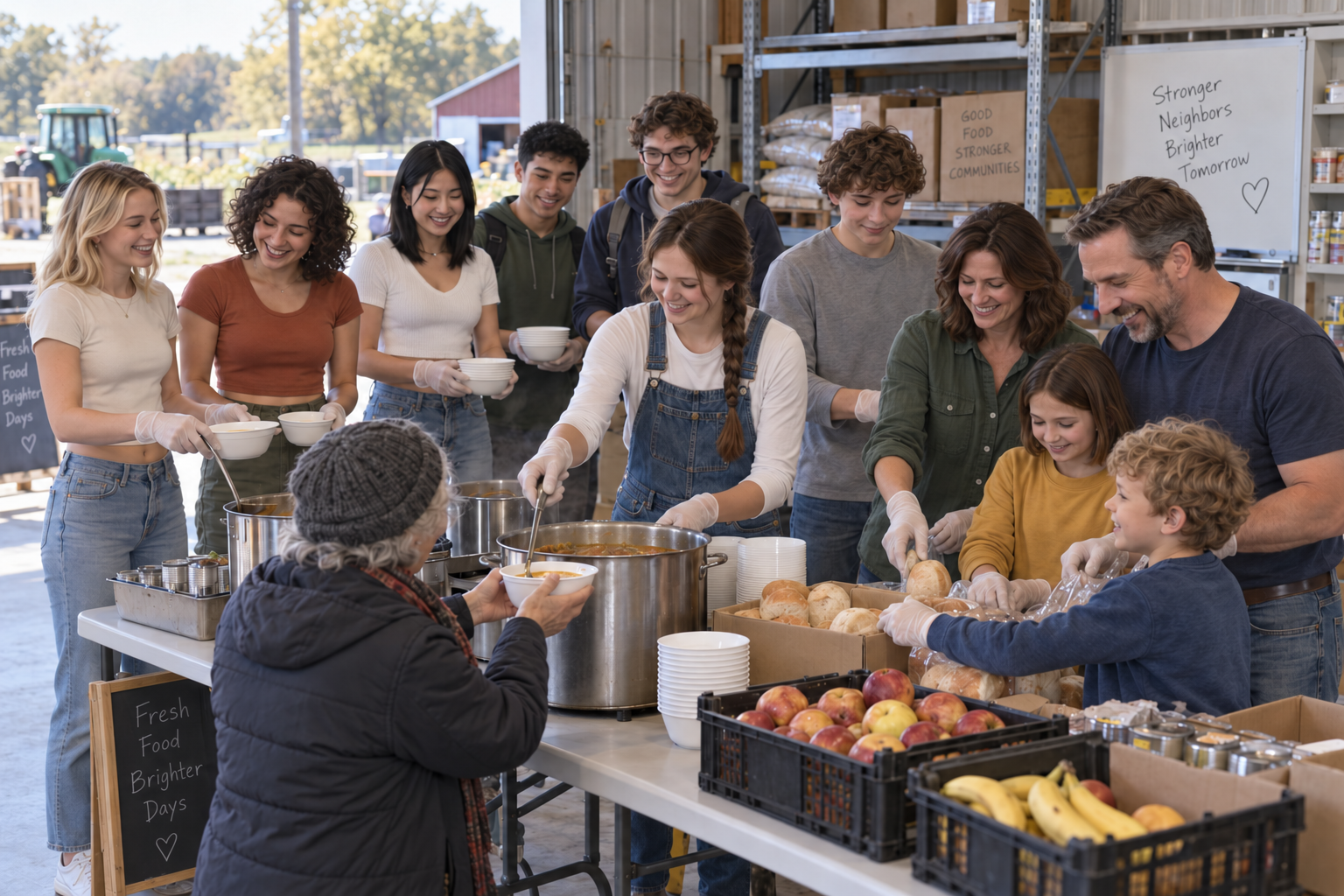 The family and five young adults smile while serving soup and bread from a table inside a grain shed.