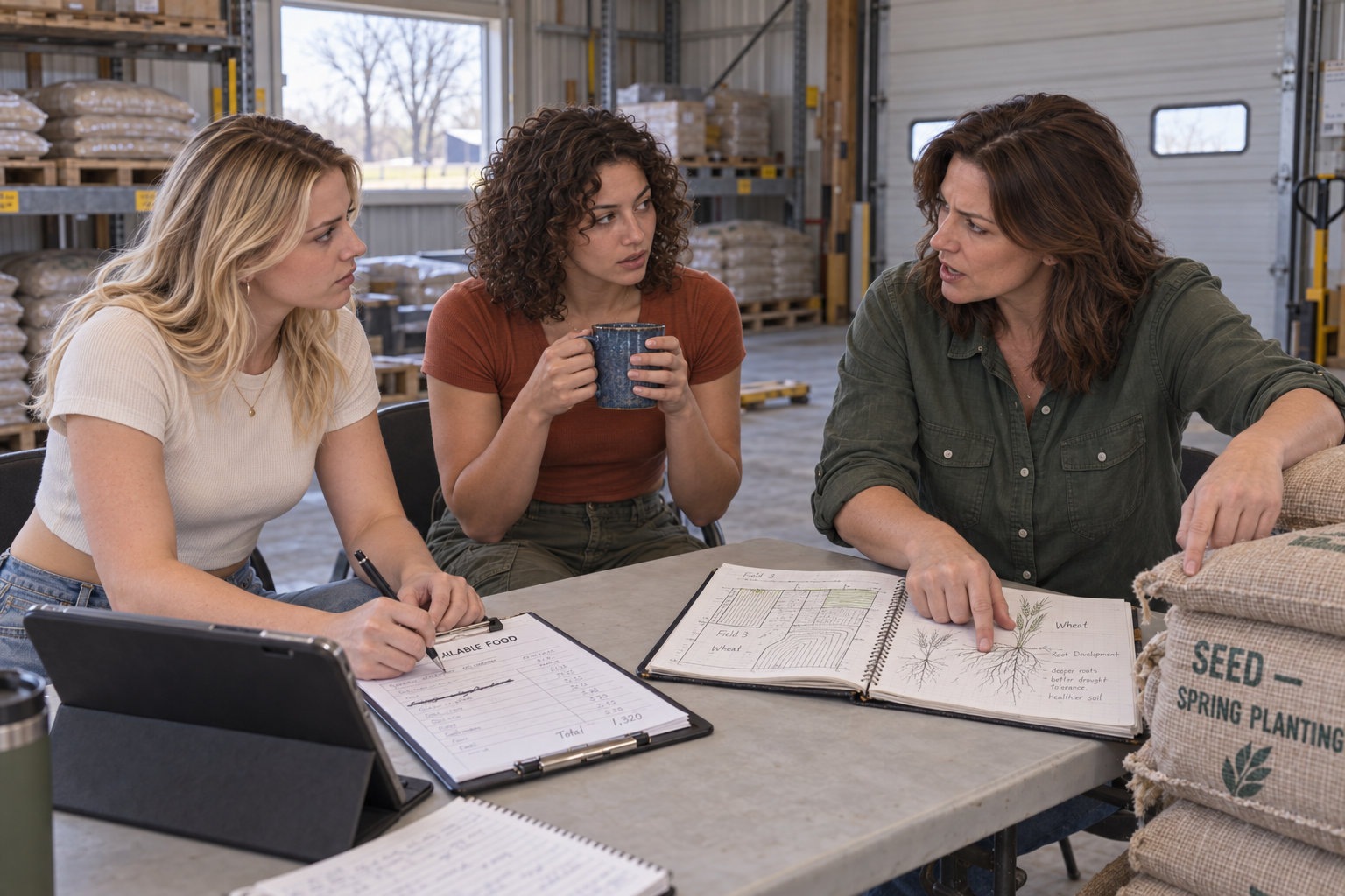 Sarah points to a planting notebook and sacks labeled SEED — SPRING PLANTING while Madison writes on a paper stock form beside a tablet; Hannah holds a blue mug and looks toward Sarah.