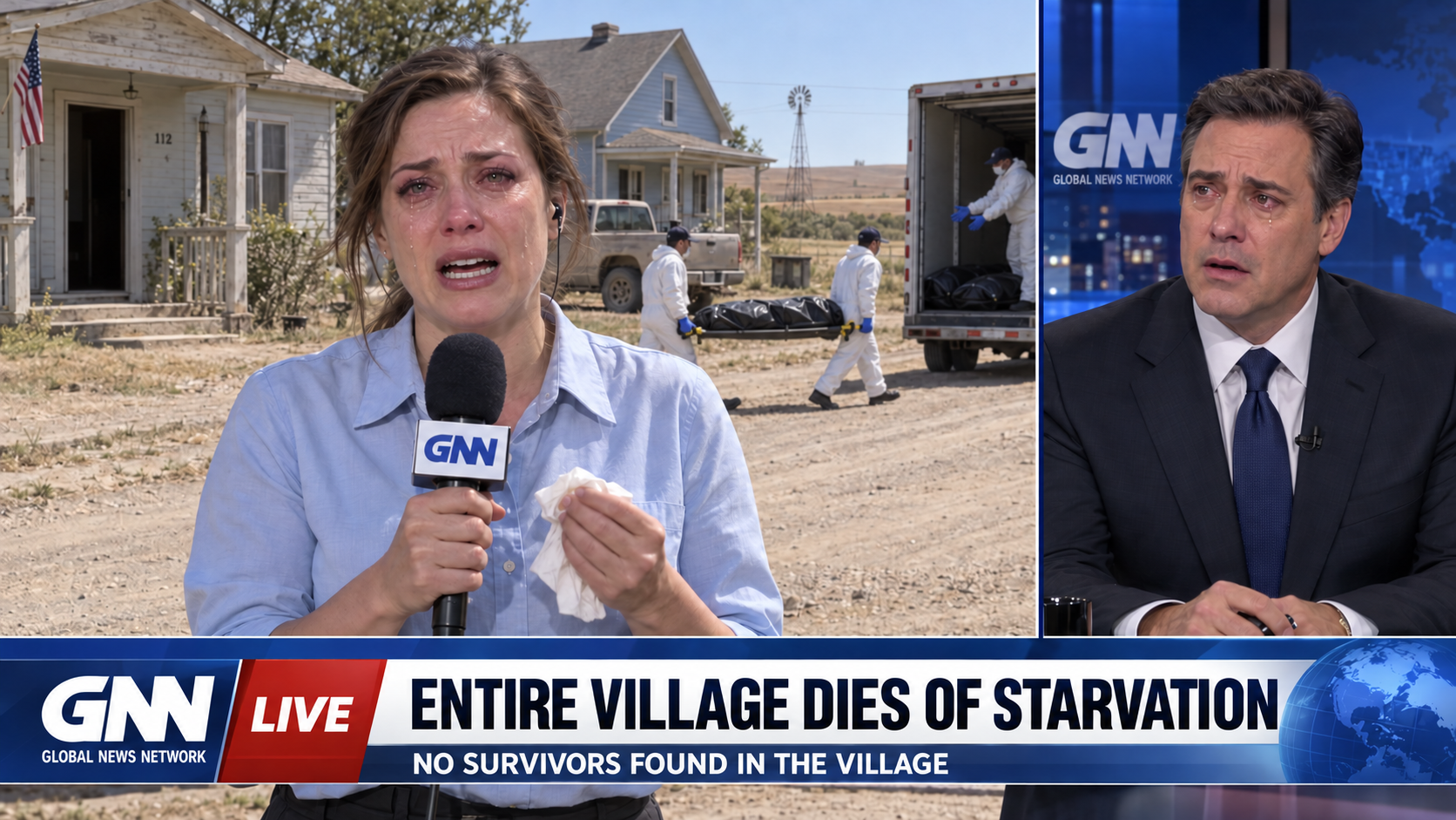 A tearful GNN reporter holds a microphone and tissue. Behind her, two workers walk away from an empty house doorway toward a truck, carrying a sealed black body bag on a stretcher; a third worker reaches from inside the truck. A studio anchor appears beside her, above the headline ENTIRE VILLAGE DIES OF STARVATION.