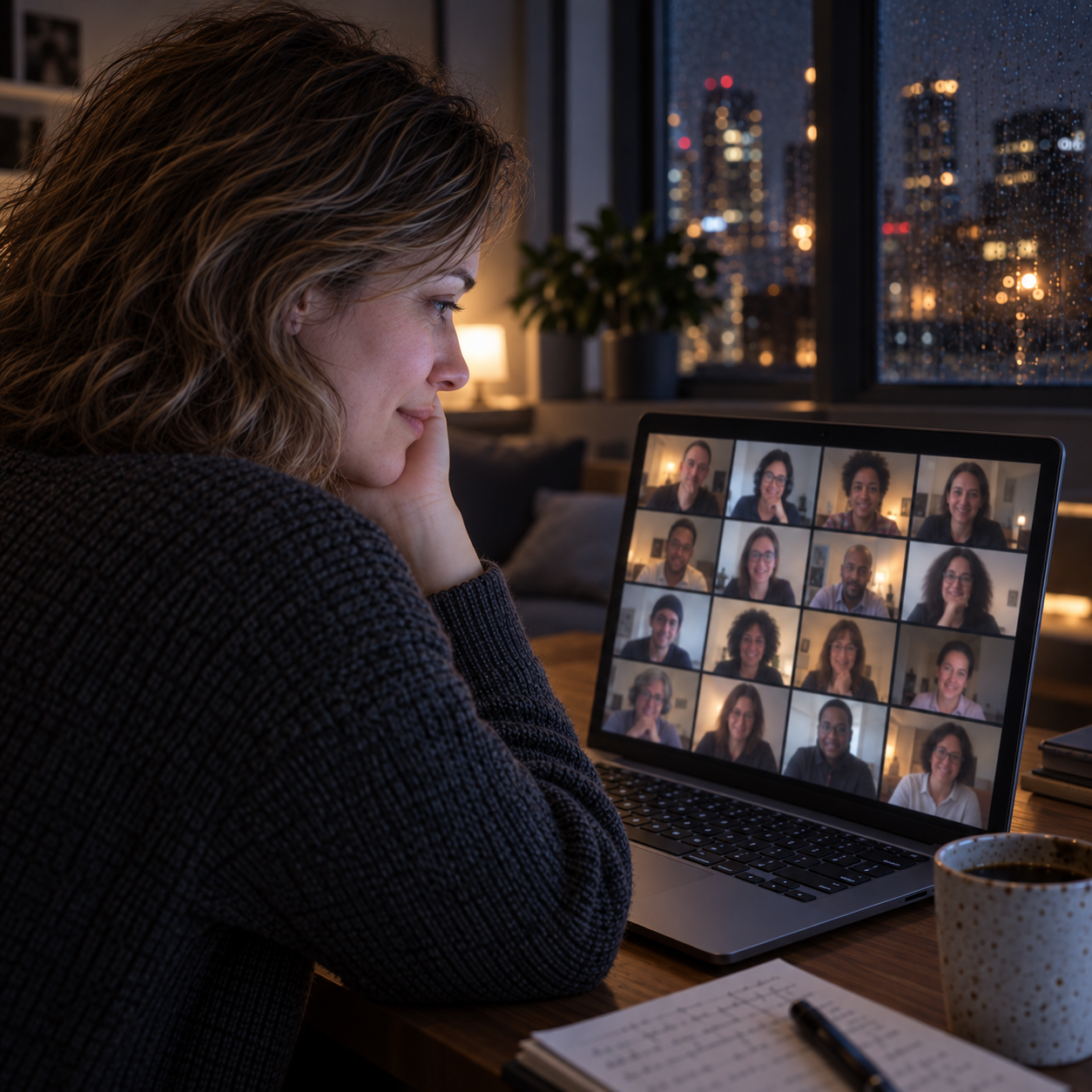 Clara watches sixteen faces on a private video call from her laptop.